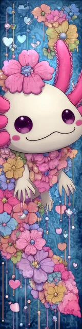 Free kawaii axolotl bookmark featuring a smiling kawaii axolotl on blue